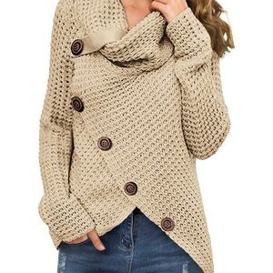 Khaki Women's Fall Chunky Turtleneck Asymmetric Loose Knit Sweater